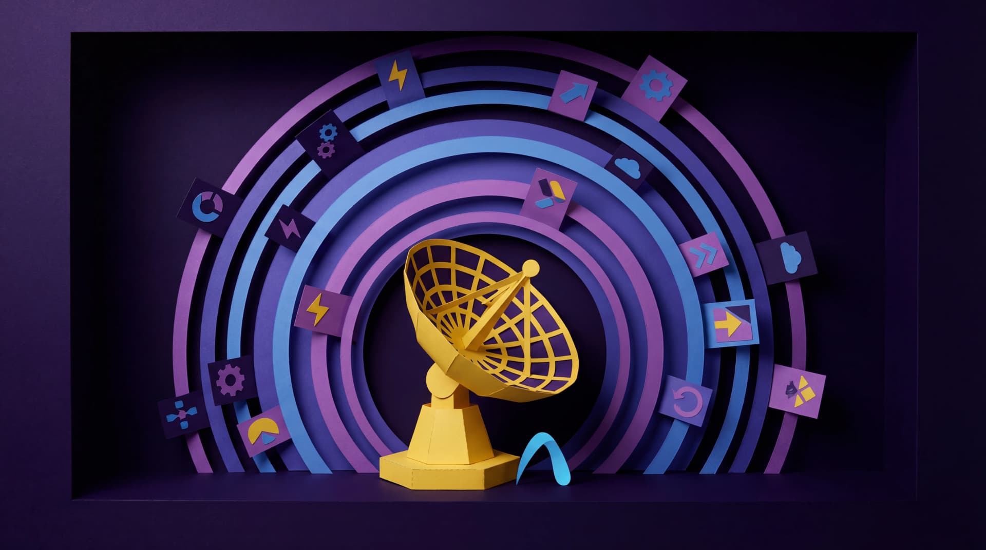 Paper diorama of a signal detection radar dish emitting data waves