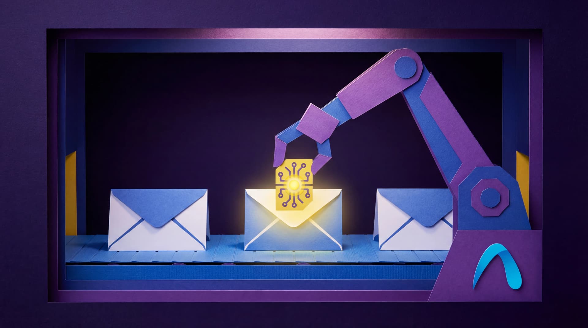Paper diorama of AI robot arm personalizing email envelopes on a conveyor belt