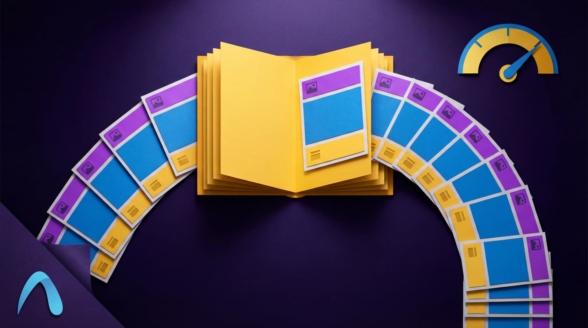 Paper illustration of consistent brand messaging cascading from a brand guide