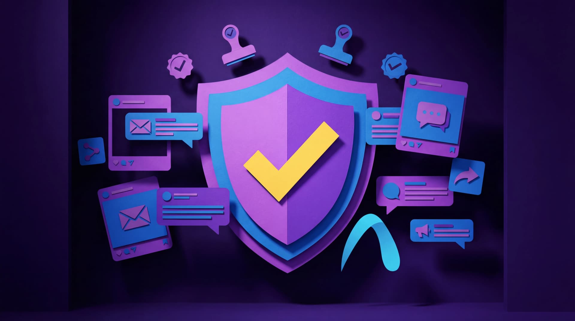 Paper diorama of a brand shield with approval checkmarks and consistent messaging