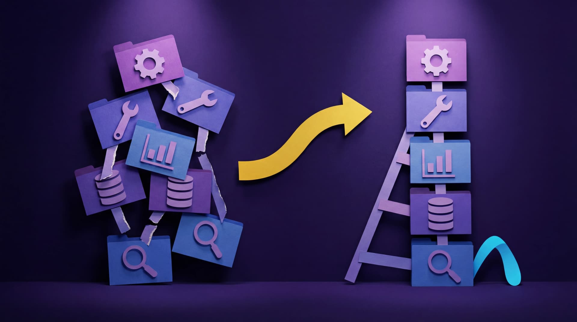 Paper illustration of scattered tools organizing into a unified stack