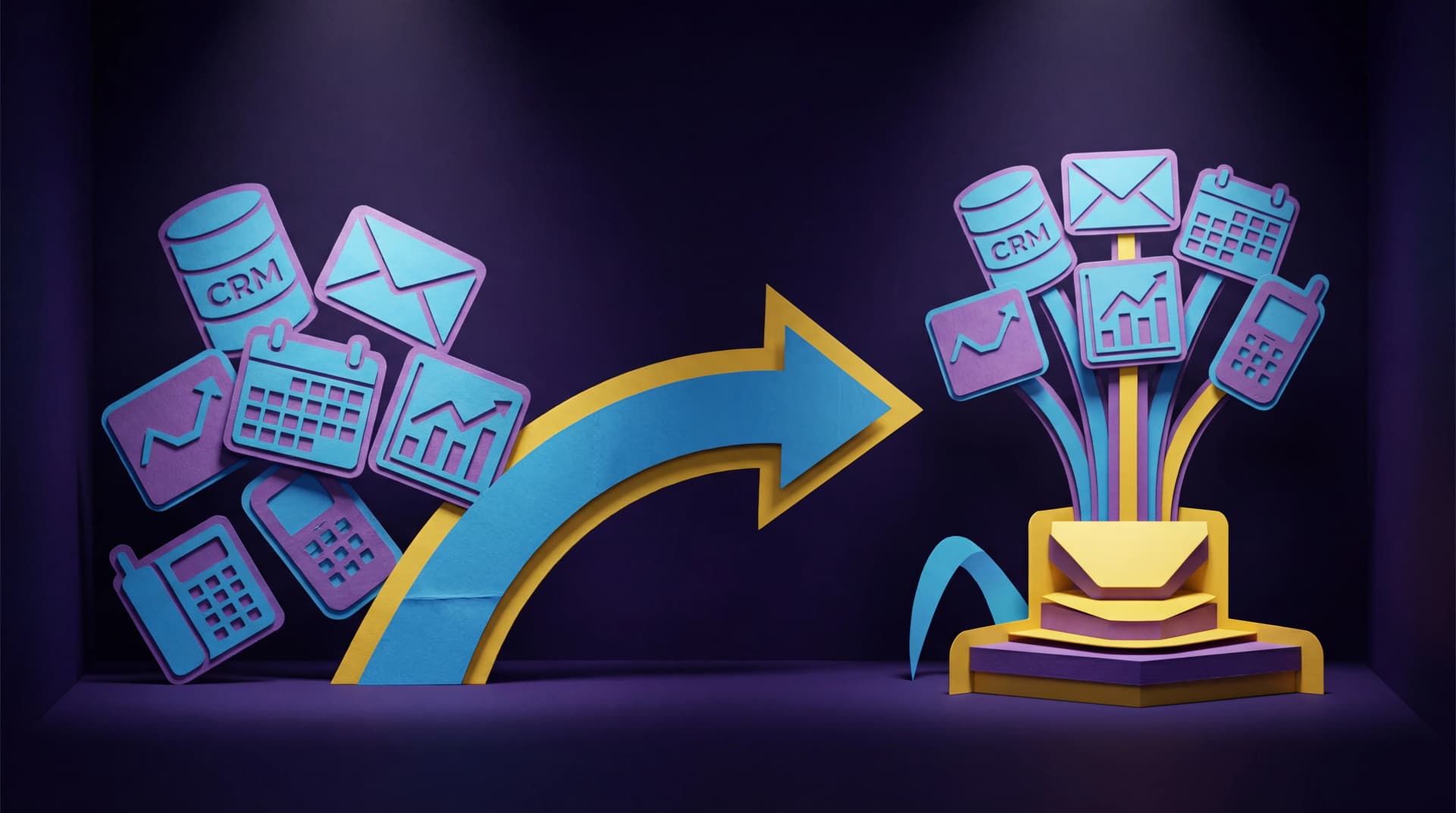 Paper diorama illustration of multiple software tools converging into one unified platform