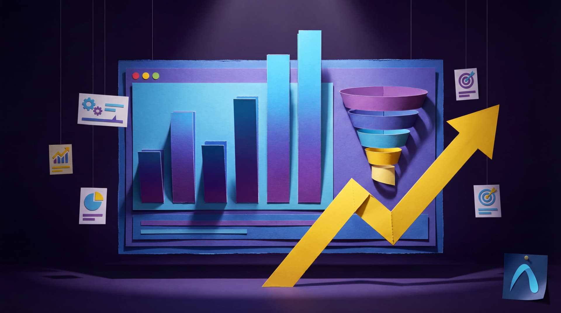 Paper diorama of a sales leadership dashboard with rising charts and pipeline funnel