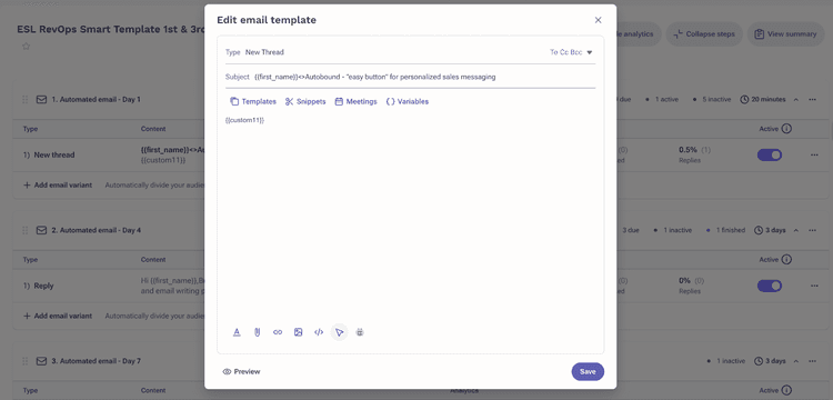 Autobound custom field template setup in a sales engagement tool sequence