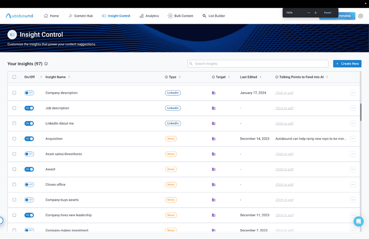 Autobound Insight Control panel for managing data sources and personalization