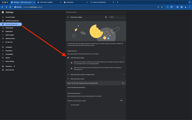 Chrome cookie settings showing option to allow third party cookies