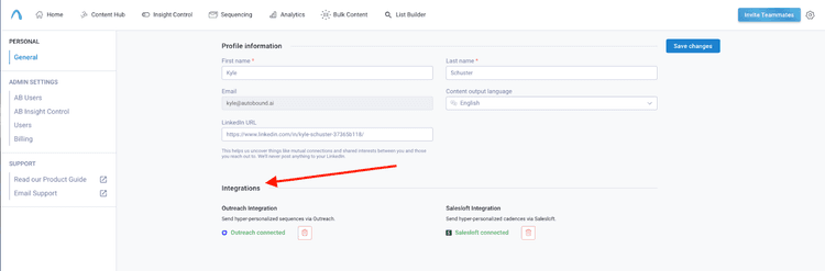Autobound authentication settings to connect Outreach or Salesloft