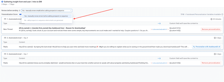Autobound AI sequence creation selecting steps to personalize