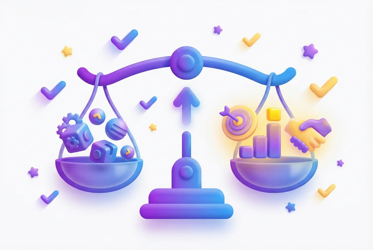 AI sales tools evaluation framework showing balanced comparison of features against business outcomes